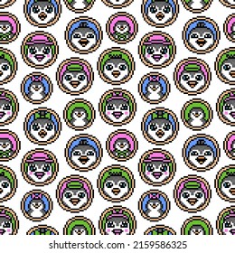 Many various penguin portraits in round frames on white, pixel art background. 8 bit cartoon character paintings seamless pattern. Cute childish animal family print. Surface, textile, graphic design.