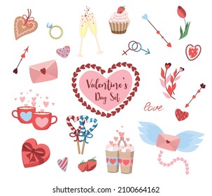 Many various romantic objects. Saint Valentine's day big vector set. Colored trendy illustration. All elements are isolated.