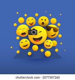 Many Various Smiling, Cheering Happy Yellow Emoticons - People in Front of a Laptop Computer's Screen - Vector Design Concept