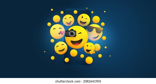 Many Various Smiling, Cheering Happy Yellow Emoticons - People Having Fun in Front of a Smart Phone Screen - Social Media Concept, Vector Design