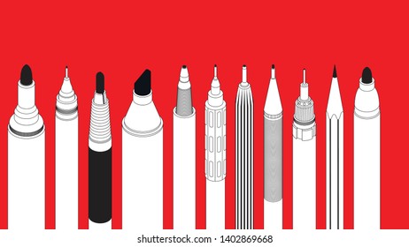 many various vector pens and pencil