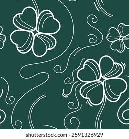 Many vector big linear four leaf clovers seamless pattern. Vintage St. Patrick's day background. Contour hand drawn floral print. Cute spring plant texture. Outline art. Elegant flowing shapes drawing