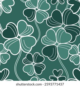 Many vector big linear four leaf clovers seamless pattern. Vintage St. Patrick's day background. Contour hand drawn floral print. Cute spring plant texture. Outline art. Elegant flowing shapes drawing