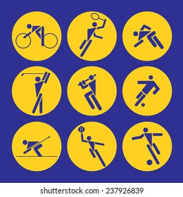 Many vector pictogram of sports (cycling, tennis, golf, baseball, football, ski, running, basketball, badminton, bicycle)