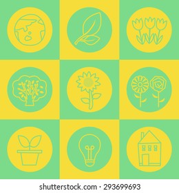 Many vector symbol graphics set for vegetables(earth, leaf, tulip flower, tree, sun flower, pot, bulb, house) chess board style for pattern, background, texture.