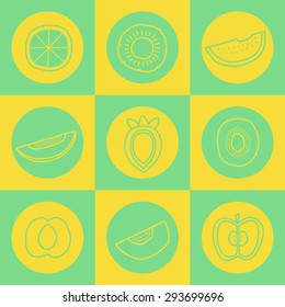 Many vector symbol graphics set for fruits(orange, pineapple, water melon, melon, oriental melon. strawberry, kiwi, peach, apple) chess board style for pattern, background, texture.