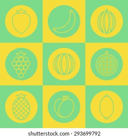 Many vector symbol graphics set for fruits(strawberry, apple, grapes, pineapple, oriental melon, water melon, orange, banana, melon) chess board style for pattern, background, texture.