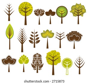 Many vector trees on the white background