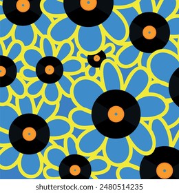 Many vinyl records forming blue and yellow flowers, showing summer vibe. Template for postcards. Creative vector illustration. Concept of music, retro style, creativity, pop art