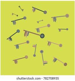 Many Violet and Dark Blue Keys of Different Size on Yellow and Green Background