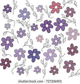 Many Violet Flowers of Different Size and Opacity with Leaves and Stem on White Background