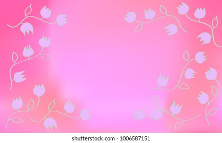 Many Violet Flowers with Leaves and Stems on Pink Gradient Background