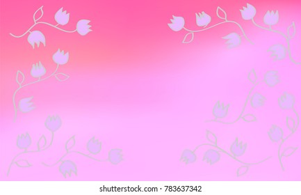Many Violet Flowers with Stems and Leaves on Pink Gradient Background
