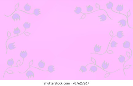 Many Violet Flowers with Stems and Leaves on Pink Gradient Background