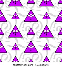 many violet pyramids with an eye inside