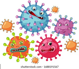 Many virus cells with scary face on white background illustration