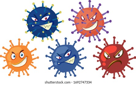 Many virus cells with scary face on white background illustration
