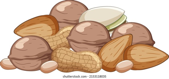 Many walnuts almonds peanuts pistachios cartoon style  illustration