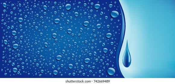 muchas gotas de agua sobre fondo azul con lugar para texto