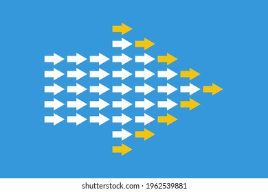 many white arrows with first yellow, leadership or teamwork vector concept