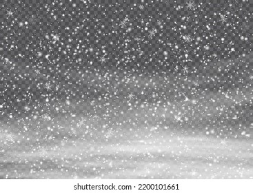 Many white cold flake elements. Magic Christmas eve snowfall. Xmas snowflakes in different shapes and forms. Falling Christmas shining transparent beautiful snow with snowdrifts. Vector illustration