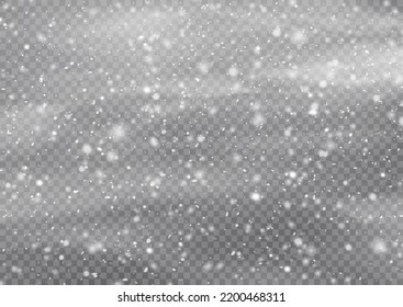 Many white cold flake elements. Magic Christmas eve snowfall. Xmas snowflakes in different shapes and forms. Falling Christmas shining transparent beautiful snow with snowdrifts. Vector illustration