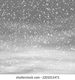Many white cold flake elements. Magic Christmas eve snowfall. Xmas snowflakes in different shapes and forms. Falling Christmas shining transparent beautiful snow with snowdrifts. Vector illustration