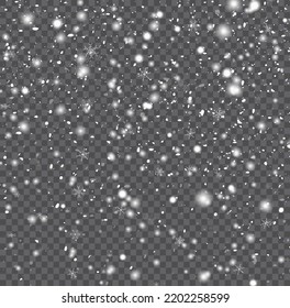 Many white cold flake elements. Magic Christmas eve snowfall. Xmas snowflakes in different shapes and forms. Falling Christmas shining transparent beautiful snow with snowdrifts. Vector illustration