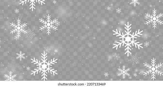 Many white cold flake elements. Magic Christmas eve snowfall. Xmas snowflakes in different shapes and forms. Falling Christmas shining transparent beautiful snow with snowdrifts. Vector illustration