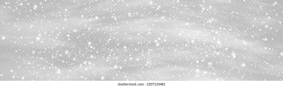 Many white cold flake elements. Magic Christmas eve snowfall. Xmas snowflakes in different shapes and forms. Falling Christmas shining transparent beautiful snow with snowdrifts. Vector illustration