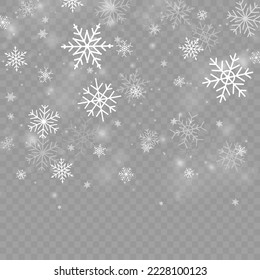 Many white cold flake elements. Magic Christmas eve snowfall. Xmas snowflakes in different shapes and forms. Falling Christmas shining transparent beautiful snow with snowdrifts. Vector illustration