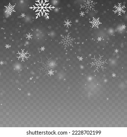 Many white cold flake elements. Magic Christmas eve snowfall. Xmas snowflakes in different shapes and forms. Falling Christmas shining transparent beautiful snow with snowdrifts. Vector illustration