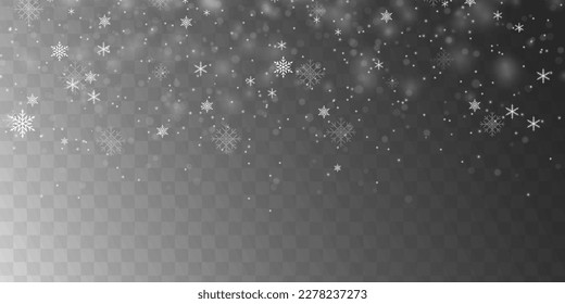 Many white cold flake elements. Magic Christmas eve snowfall. Xmas snowflakes in different shapes and forms. Falling Christmas shining transparent beautiful snow with snowdrifts. Vector illustration