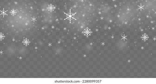 Many white cold flake elements. Magic Christmas eve snowfall. Xmas snowflakes in different shapes and forms. Falling Christmas shining transparent beautiful snow with snowdrifts. Vector illustration