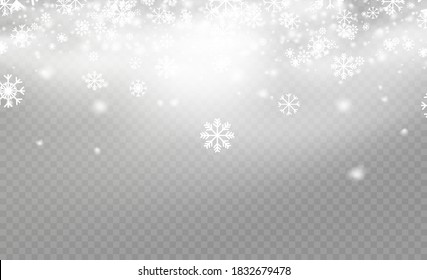 Many white cold flakes elements on transparent background. Christmas snow flake pattern. Snowfall, snowflakes in different shapes and forms. Magic white snowfall texture. Vector illustration.