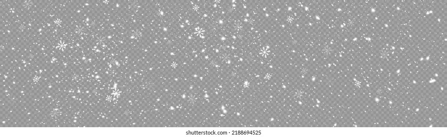 Many white cold flakes elements on a transparent background. White snowflakes are flying in the air. snow background. Snow and wind. Vector heavy snowfall, snowflakes in various shapes and forms. 