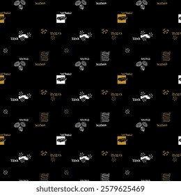 Many white color Worker Equipment Seamless Pattern on black background.