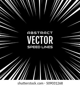 Many white comic radial speed Lines on black base. Effect power explosion illustration. Comic book design element. Graphic Explosion with Speed Lines in comic book style. Vector Illustration