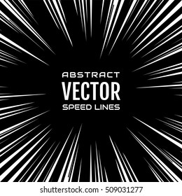 Many white comic radial speed Lines on black base. Effect power explosion illustration. Comic book design element. Graphic Explosion with Speed Lines in comic book style. Vector Illustration