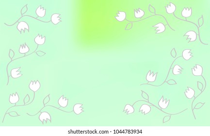 Many White Flowers with Leaves and Stems on Light Blue and Green Gradient Background