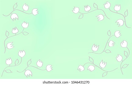 Many White Flowers with Leaves and Stems on Light Blue and Green Gradient Background