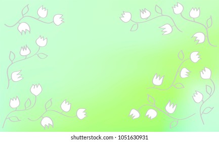 Many White Flowers with Leaves and Stems on Light Blue and Green Gradient Background