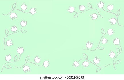 Many White Flowers with Leaves and Stems on Light Blue and Green Gradient Background