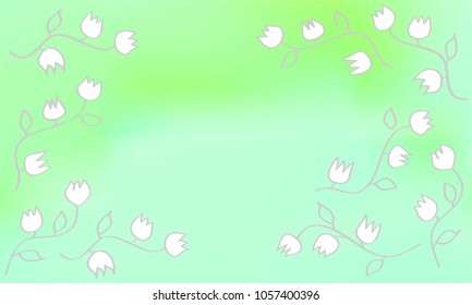 Many White Flowers with Leaves and Stems on Light Blue and Green Gradient Background