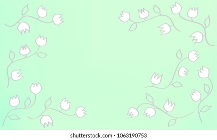 Many White Flowers with Leaves and Stems on Light Blue and Green Gradient Background