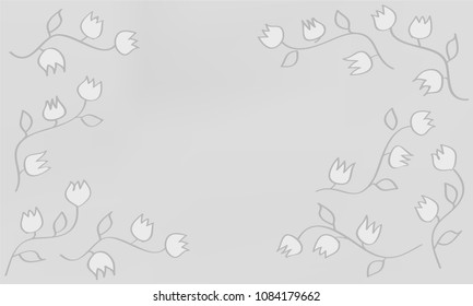 Many White Flowers with Leaves and Stems on Light Grey Gradient Background