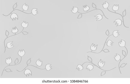 Many White Flowers with Leaves and Stems on Light Grey Gradient Background