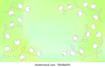 Many White Flowers with Leaves and Stems on Green and Blu Gradient Background
