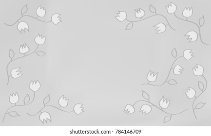 Many White Flowers with Leaves and Stems with Empty Space in the Center of the Image on Grey Gradient Background