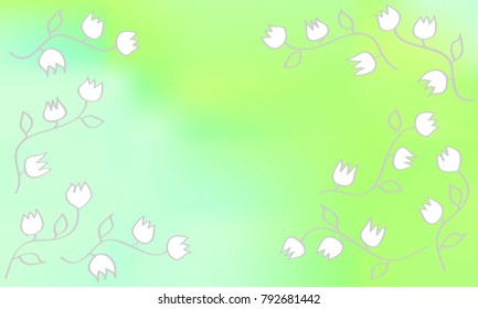 Many White Flowers with Leaves and Stems on Blue and Green Gradient Background